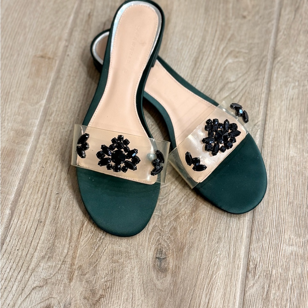 Zara Black and Green Sandals with Floral Embellishments